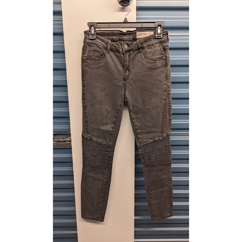 PISTOLA Moto Ribbed Knee Mid Rise Zip 5‎ Pocket Skinny Gray Jeans Size 26
